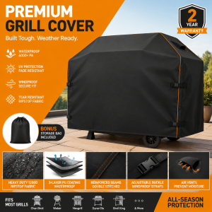 Grill Cover for Outdoor BBQ Grills, Heavy Duty Waterproof 600D Oxford Patio Grill Cover with UV & Fade Resistant Protection, Windproof Straps & Air Vents, All-Season Barbecue Cover