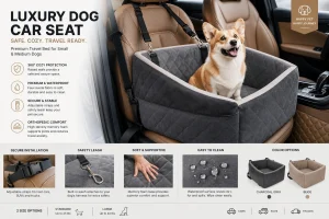 Luxury Dog Car Seat for Small & Medium Dogs, Waterproof Pet Booster Seat with Safety Leash, Memory Foam Travel Bed for Cars, SUVs & Trucks