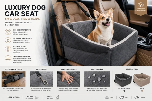 Luxury Dog Car Seat for Small & Medium Dogs, Waterproof Pet Booster Seat with Safety Leash, Memory Foam Travel Bed for Cars, SUVs & Trucks