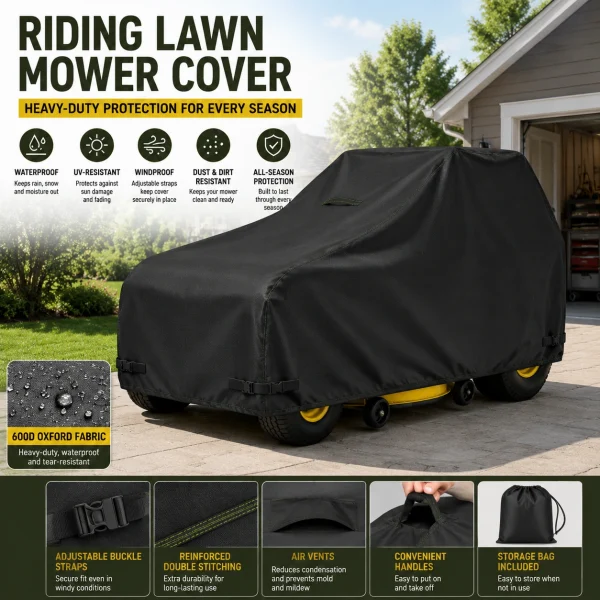 Riding Lawn Mower Cover Waterproof, Heavy Duty 600D Oxford Tractor Cover with Windproof Buckles & UV Protection for Outdoor Storage